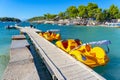 jetty for pleasure boats in the crystal-clear bathing area of Ã¢â¬â¹Ã¢â¬â¹Bora Bora beach in Ksamil, Albania.